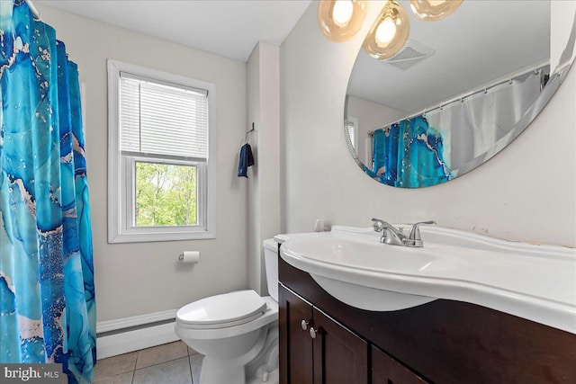full bathroom featuring visible vents, a baseboard radiator, tile patterned floors, and a healthy amount of sunlight