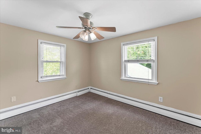empty room featuring carpet floors, ceiling fan, and a healthy amount of sunlight