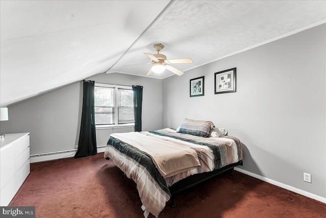 carpeted bedroom featuring ceiling fan, a baseboard heating unit, baseboards, and lofted ceiling
