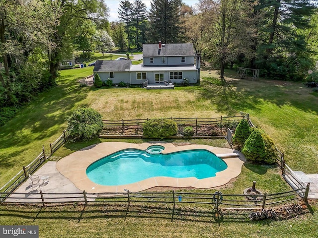 view of pool featuring a fenced backyard, a fenced in pool, a diving board, and a yard