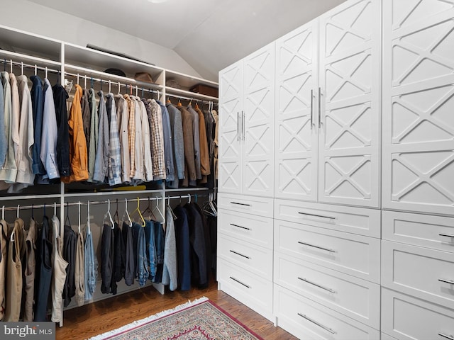 walk in closet featuring vaulted ceiling and wood finished floors