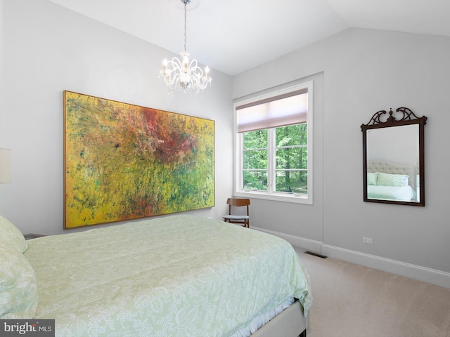 carpeted bedroom with visible vents, baseboards, lofted ceiling, and a notable chandelier
