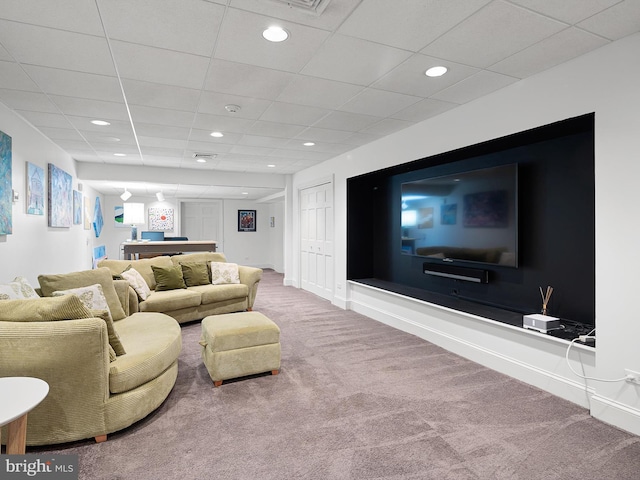 carpeted living room featuring recessed lighting, a drop ceiling, and billiards