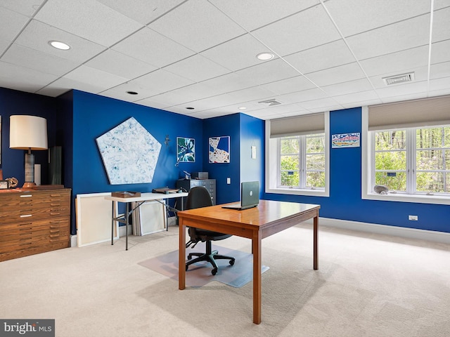 office featuring carpet floors, baseboards, visible vents, and a drop ceiling