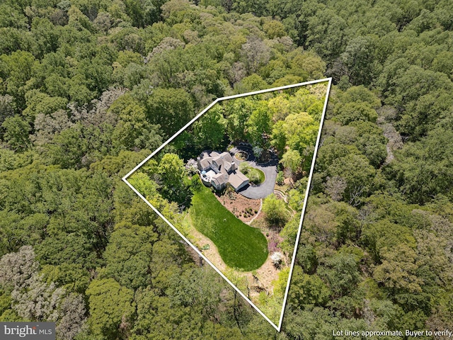 drone / aerial view featuring a view of trees
