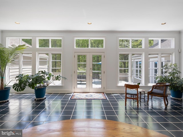 doorway to outside featuring baseboards, ornamental molding, french doors, and recessed lighting