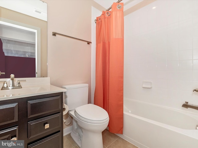 2004 Quandary Dr, Frederick, MD 21702 - bathroom featuring vanity, shower / tub combo with curtain, visible vents, toilet, and tile patterned floors