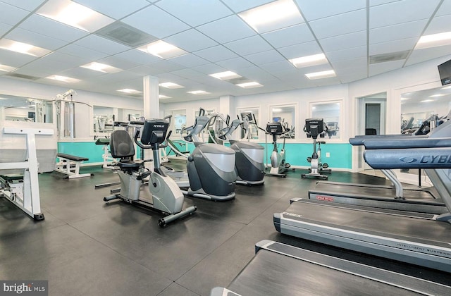 exercise room with visible vents and a drop ceiling
