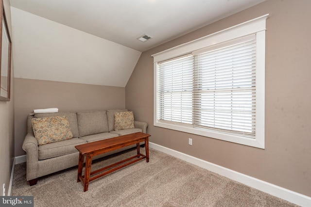 193 Greenbrier Dr, Mc Henry, MD 21541 - carpeted living area featuring baseboards, vaulted ceiling, and visible vents