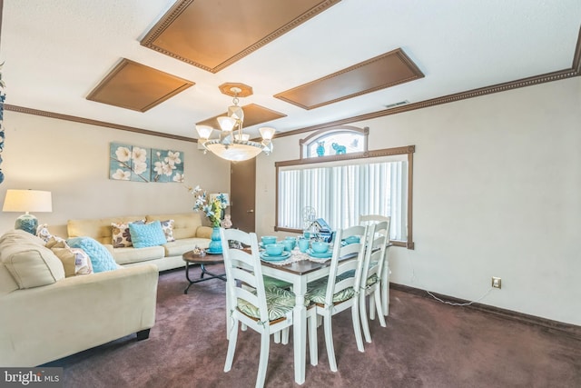 carpeted dining area with crown molding, a chandelier, baseboards, and visible vents