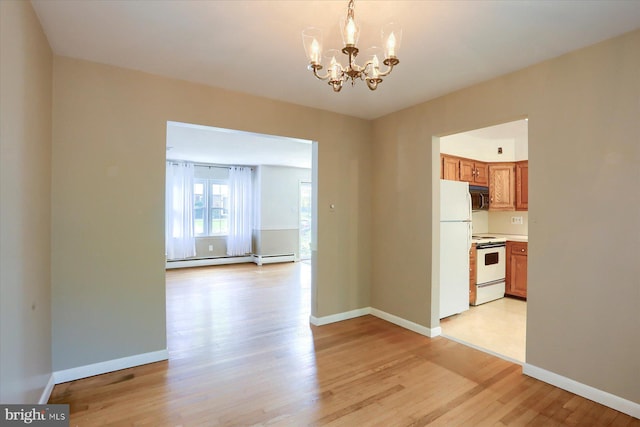 unfurnished dining area featuring a baseboard heating unit, baseboards, a notable chandelier, and light wood finished floors