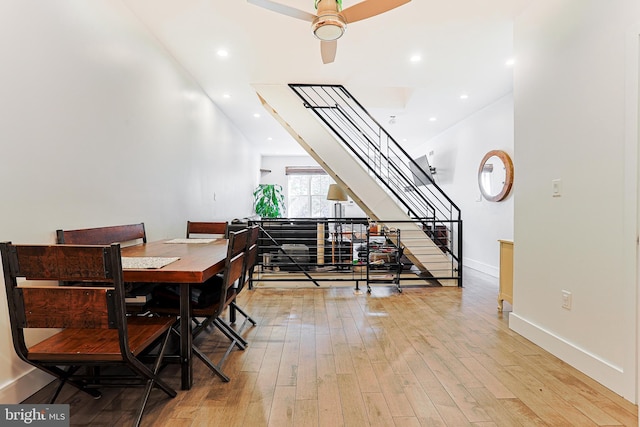 2325 W Thompson St, Philadelphia, PA 19121 - dining room featuring baseboards, ceiling fan, stairs, and wood finished floors