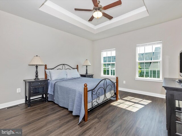 5303 Crape Myrtle Dr, Frederick, MD 21703 - bedroom with a tray ceiling, wood finished floors, baseboards, and a ceiling fan