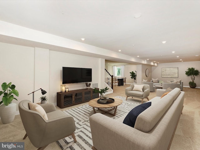 5303 Crape Myrtle Dr, Frederick, MD 21703 - living area featuring light carpet, stairs, recessed lighting, and baseboards