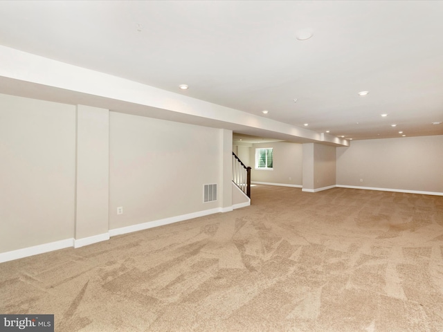 5303 Crape Myrtle Dr, Frederick, MD 21703 - basement with carpet flooring, stairway, recessed lighting, and baseboards