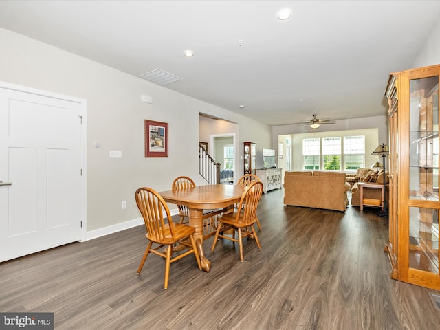5303 Crape Myrtle Dr, Frederick, MD 21703 - dining space featuring dark wood-style floors, ceiling fan, baseboards, recessed lighting, and stairs