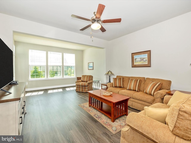 5303 Crape Myrtle Dr, Frederick, MD 21703 - living room featuring wood finished floors, a ceiling fan, and baseboards