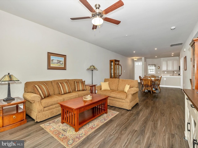 5303 Crape Myrtle Dr, Frederick, MD 21703 - living area with dark wood-style floors and a ceiling fan