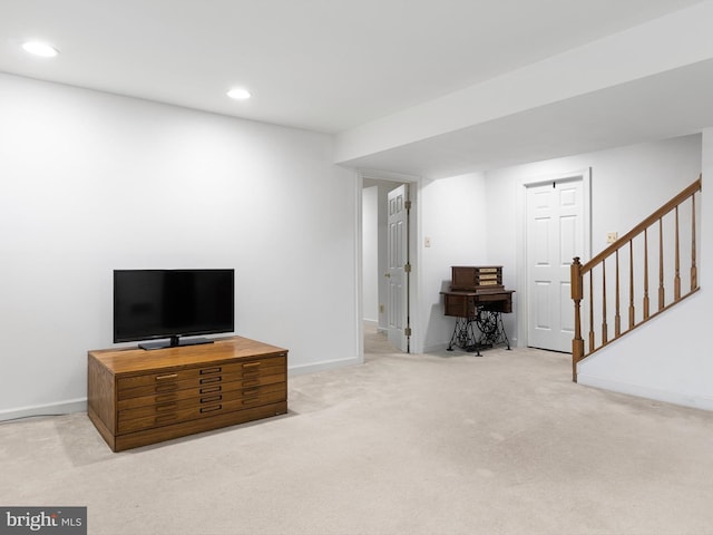 345 Jessica Dr, Middletown, DE 19709 - carpeted living room featuring baseboards, recessed lighting, and stairway