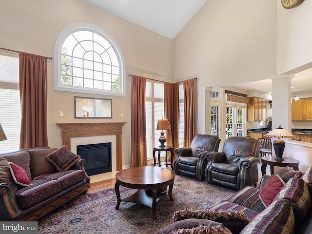 345 Jessica Dr, Middletown, DE 19709 - living room with decorative columns, a fireplace, wood finished floors, and high vaulted ceiling