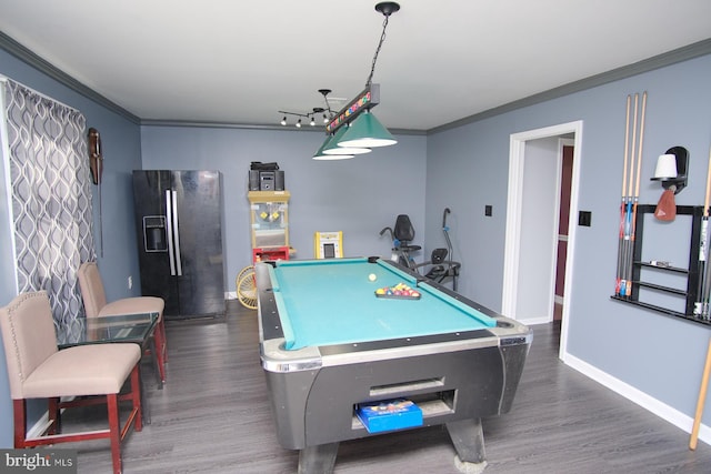 recreation room featuring crown molding, baseboards, pool table, and wood finished floors