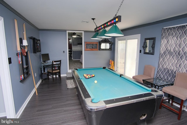 recreation room featuring billiards, ornamental molding, dark wood-style floors, and ceiling fan