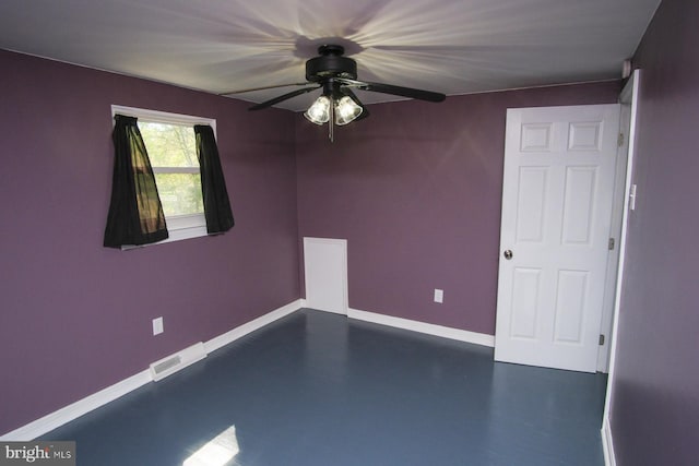 unfurnished room with visible vents, a ceiling fan, baseboards, and finished concrete floors