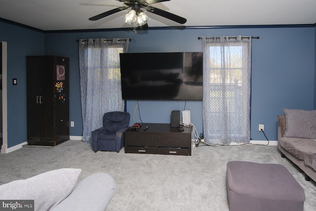 living area with crown molding, baseboards, ceiling fan, and carpet flooring