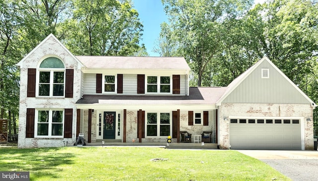 view of front of home featuring concrete driveway, an attached garage, a front yard, a porch, and roof with shingles