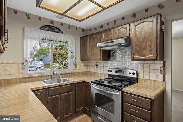 48 Dunstable Rd, Southampton, NJ 08088 - kitchen with stainless steel range with electric stovetop, under cabinet range hood, a sink, dark brown cabinetry, and decorative backsplash