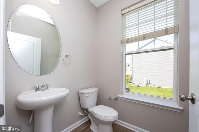 bathroom featuring baseboards, toilet, wood finished floors, and a wealth of natural light