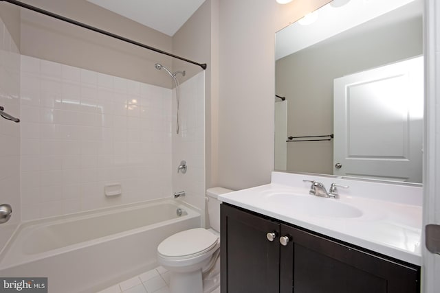 full bath featuring vanity, shower / tub combination, tile patterned floors, and toilet