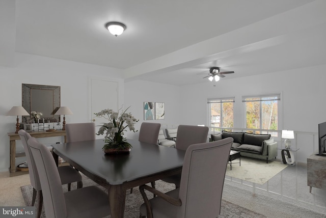 dining area with ceiling fan and light carpet