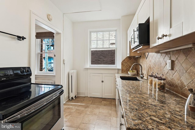 kitchen featuring a sink, black electric range oven, radiator, stainless steel microwave, and tasteful backsplash