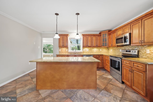 2115 Pennington, Ewing, NJ 08638 - kitchen with appliances with stainless steel finishes, brown cabinetry, a kitchen island, tasteful backsplash, and crown molding