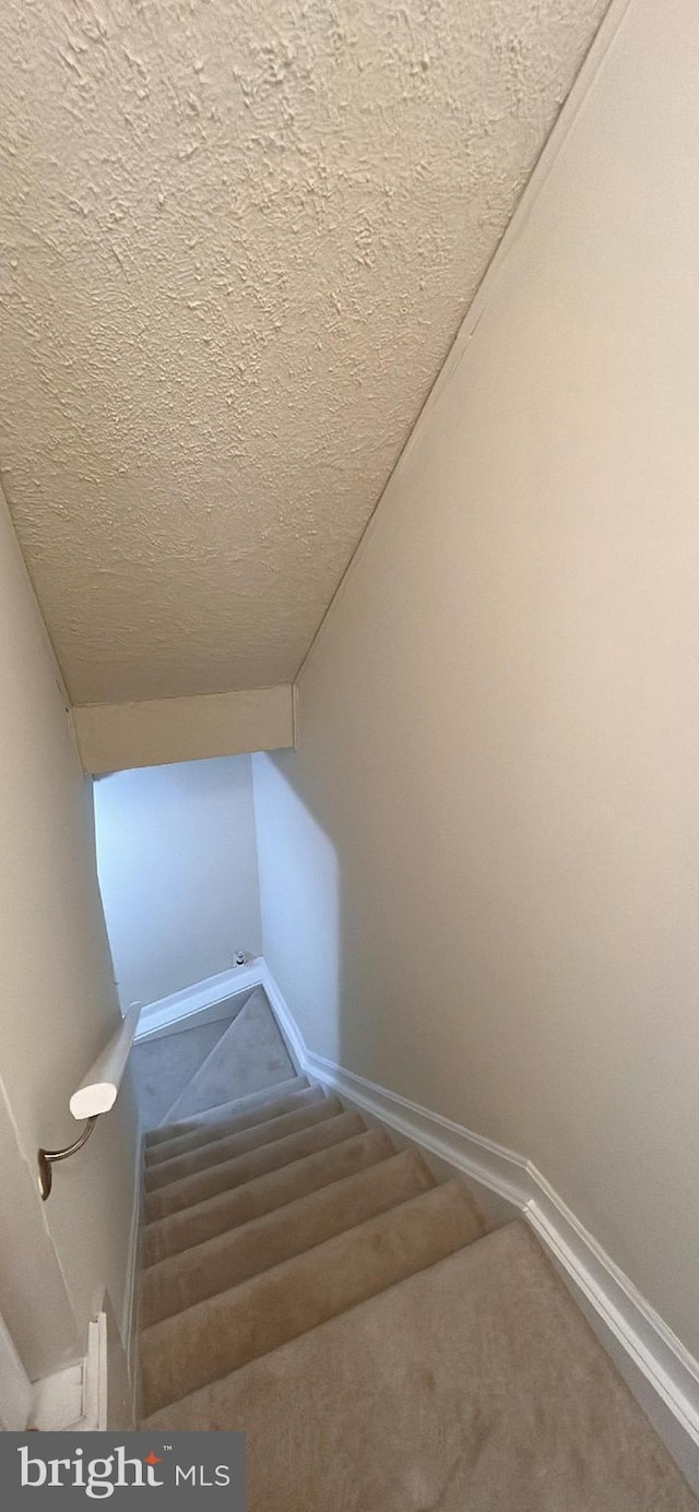 staircase featuring baseboards, a textured ceiling, and carpet