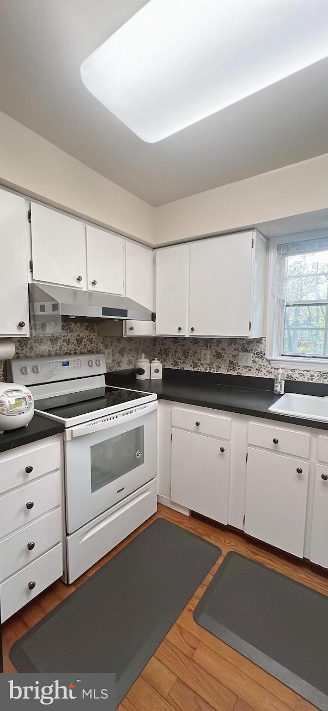 kitchen with a sink, white electric range oven, under cabinet range hood, and wood finished floors