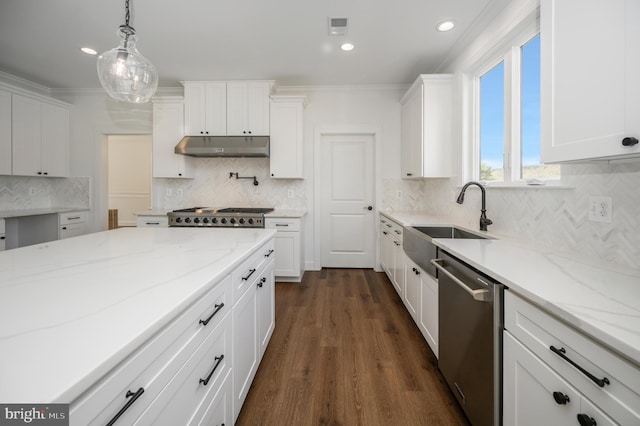 kitchen with a sink, white cabinets, under cabinet range hood, and dishwasher