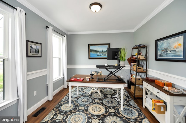 home office with baseboards, dark wood finished floors, ornamental molding, and visible vents