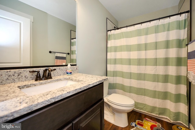 bathroom with vanity, toilet, wood finished floors, and a shower with shower curtain