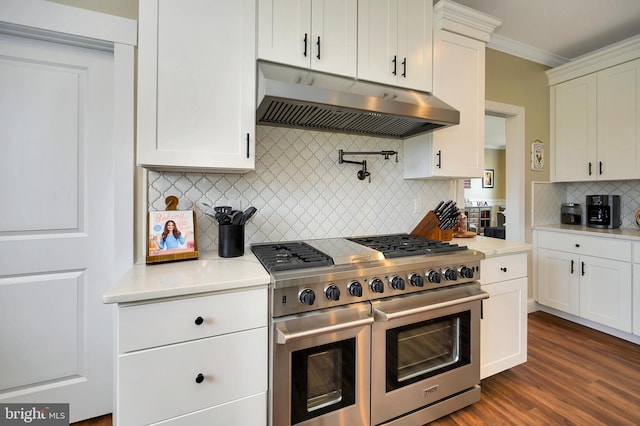 kitchen with crown molding, light countertops, backsplash, double oven range, and under cabinet range hood