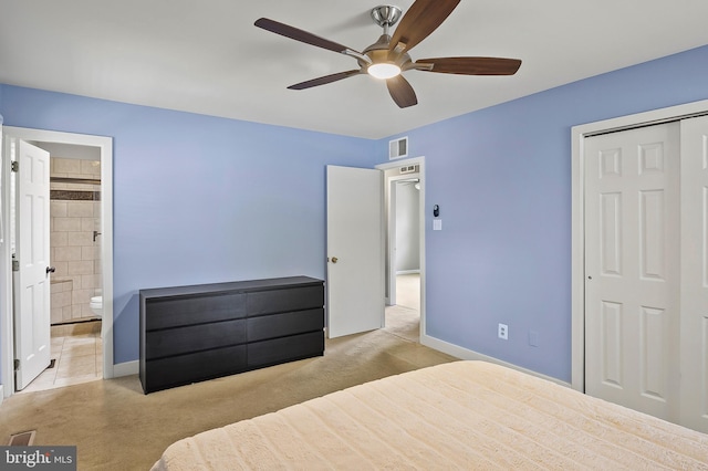 bedroom with ceiling fan, visible vents, baseboards, a closet, and carpet