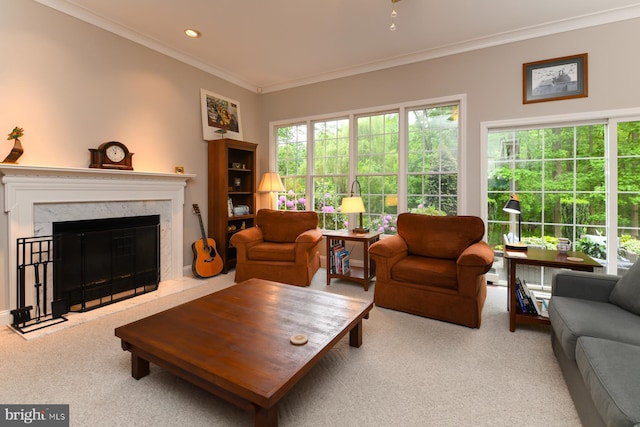 carpeted living room featuring crown molding, a high end fireplace, and recessed lighting