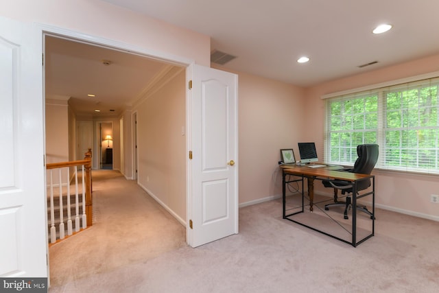 office area with light colored carpet, crown molding, recessed lighting, and baseboards
