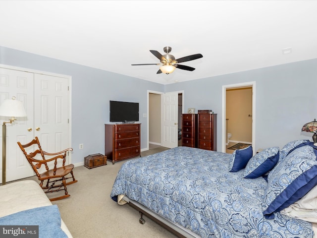 bedroom featuring baseboards, carpet, and ceiling fan