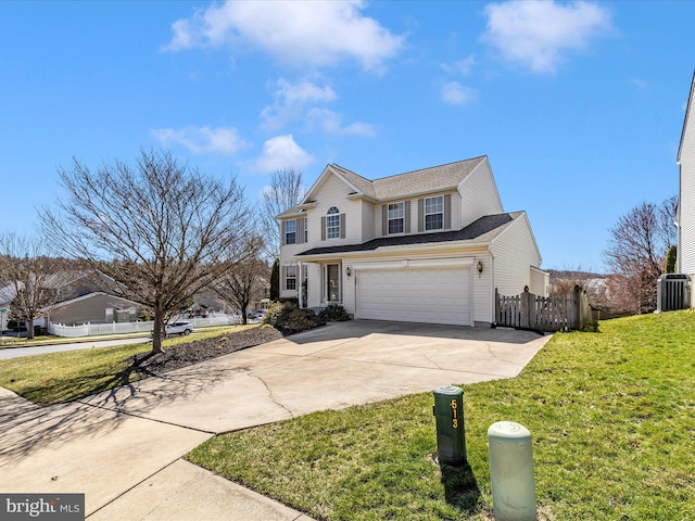 traditional home with fence, an attached garage, a front lawn, concrete driveway, and cooling unit