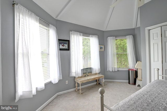 bedroom featuring baseboards, vaulted ceiling, and carpet