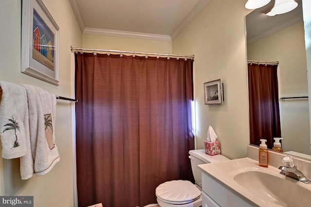 full bath with crown molding, vanity, and toilet