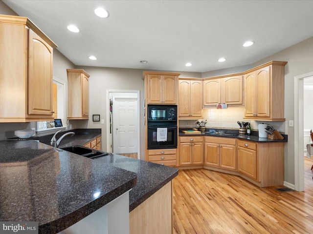 114 New Market Dr, Stephens City, VA 22655 - kitchen with black appliances, a sink, light brown cabinetry, light wood-type flooring, and recessed lighting
