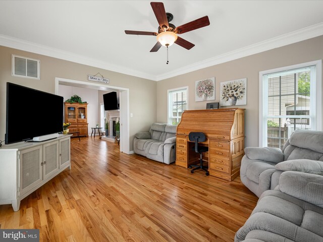 114 New Market Dr, Stephens City, VA 22655 - living area with crown molding, light wood-type flooring, and a ceiling fan
